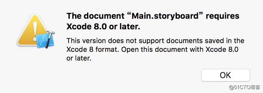 The document “Main.storyboard” requires Xcode 8.0
