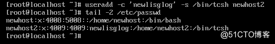 [linux]創建新用戶，指定註釋信息為‘newlistlog’,默認shell為/bin/tcsh