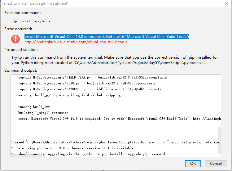 pychar安装第三方库MySQL/mysqlclient报错：error: Microsoft V